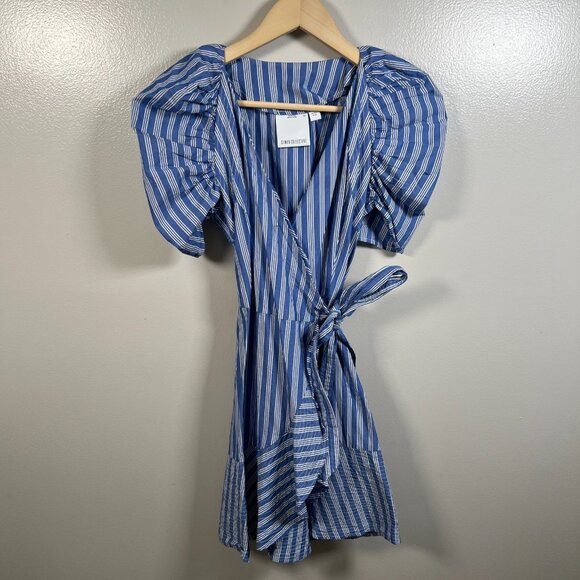 C/Meo Collective Motivations Stripe Mini Wrap Dress Size XS Blue Puff Sleeve - Picture 2 of 11